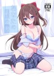  1girl :o bare_shoulders bed_sheet black_socks blue_bra blue_eyes blue_panties blue_shirt blush bra breasts brown_hair cleavage collarbone comiket_102 commentary_request content_rating cover cover_page deadnooodles doujin_cover full_body hair_between_eyes hair_ribbon long_hair looking_at_viewer love_live! love_live!_nijigasaki_high_school_idol_club navel on_bed osaka_shizuku panties pillow plaid_clothes plaid_skirt pleated_skirt red_ribbon ribbon second-party_source shirt sidelocks skirt socks solo strap_slip underwear undressing very_long_hair 