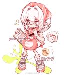  1girl apron bandana chinese_commentary commentary_request dress full_body golden_egg_(splatoon) highres holding holding_knife inkling inkling_girl inkling_player_character jiaojiaoguan knife looking_at_viewer pinafore_dress red_eyes shoelaces shoes sleeveless sleeveless_dress sneakers solo splatoon_(series) splatoon_3 squid 