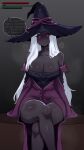  1girl bare_shoulders black_hat breasts cleavage collarbone commentary crossed_legs dark-skinned_female dark_skin dress elden_ring elden_ring_nightreign english_commentary english_text feet_out_of_frame glowing glowing_eyes hat health_bar highres kdoa large_breasts large_hat long_hair long_sleeves looking_at_viewer pink_eyes purple_dress purple_sleeves recluse_(elden_ring) shiny_skin sitting solo speech_bubble user_interface very_dark_skin witch witch_hat 