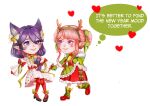  2girls animal_ear_fluff animal_ears ankle_bow antlers apron bare_shoulders bell black_shoes blunt_bangs blush_stickers bow bowtie brooch brown_horns cat_ears center_frills chibi choker christmas cloak commentary cross-laced_clothes cross-laced_dress detached_sleeves double_bun dress dress_bow ear_bow earrings elf english_commentary english_text eye_contact eyelashes fake_horns frilled_apron frilled_dress frills fur-trimmed_cloak fur-trimmed_gloves fur-trimmed_hood fur-trimmed_sleeves fur_trim gloves green_apron green_bow green_bowtie green_cloak green_hairband green_leg_warmers green_mittens hair_bell hair_between_eyes hair_bow hair_bun hair_ornament hair_over_shoulder hairband hand_on_own_chest happy heart high_heels holding_hands holly hood hood_down hooded_cloak horn_hairband horns infinity_nikki jewelry knees leg_warmers lipstick long_hair long_sleeves looking_at_another low_ponytail makeup medium_dress mittens multiple_girls neck_bell nikki_(nikki) nikki_(series) pantyhose parted_lips pink_hair pink_lips plaid_apron plaid_clothes pleated_dress pleated_sleeves pointy_ears polka_dot polka_dot_dress ponytail print_cloak pumps purple_eyes purple_hair red_choker red_dress red_mittens red_pantyhose red_shoes reindeer_antlers ronya_sanzoku shoes short_hair_with_long_locks sidelocks simple_background smile speech_bubble star_(symbol) star_print strapless strapless_dress striped_clothes striped_dress stylist_(nikki) tareme thought_bubble vertical-striped_clothes vertical-striped_dress waist_apron wavy_hair white_background white_bow white_dress white_sleeves 
