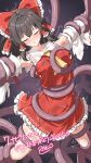  1girl absurdres ascot blush bow breasts brown_hair chest_sarashi closed_eyes commentary_request commission detached_sleeves facing_viewer frilled_bow frilled_hair_tubes frilled_skirt frills grabbed_by_tentacles grabbing_another's_breast groping hair_bow hair_tubes hakurei_reimu highres long_hair medium_breasts open_mouth red_bow red_skirt ribbon-trimmed_sleeves ribbon_trim rise_(rise19851203) sarashi signature skeb_commission skirt skirt_set solo sweatdrop tentacles tentacles_under_clothes thighs torn_clothes torn_skirt torn_sleeves touhou translation_request variant_set yellow_ascot 