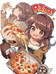  1girl :d ^_^ alcohol arm_up belt belt_buckle black_belt blush brown_eyes brown_hair brown_jacket buckle can closed_eyes coffee commentary_request drink_can eating english_text food foodgasm foreshortening grease_(food) grid_background highres holding holding_food holding_pizza ice ice_cube jacket kei_s01 long_hair looking_at_food looking_up multiple_views open_clothes open_jacket open_mouth original parted_bangs pepperoni pizza pizza_box pizza_slice smile soda_can sparkling_eyes swept_bangs tank_top watermark whiskey white_background white_tank_top 