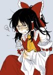  1girl ascot black_eyes black_hair bow clenched_teeth commentary_request detached_sleeves frilled_bow frilled_hair_tubes frills grey_background hair_bow hair_tubes hakurei_reimu highres long_hair noriuma pain red_bow red_skirt ribbon-trimmed_sleeves ribbon_trim simple_background sketch skirt skirt_set solo squiggle stomach_ache sweat teeth touhou yellow_ascot 