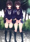  2girls black_socks black_thighhighs blurry blurry_background blush brown_hair clothes_lift commentary_request exhibitionism fiesuke flashing highres kneehighs lifting_own_clothes long_hair long_sleeves looking_at_viewer lowleg lowleg_panties multiple_girls original outdoors panties pantyshot pleated_skirt pubic_tattoo public_indecency sailor_collar school_uniform serafuku shirt shirt_lift shoes skirt smile socks standing string_panties tattoo thighhighs thighs underwear white_panties 