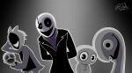 1boy 3others absurdres artist_name basedtrovertartist black_coat black_eyes body_markings coat colored_skin commentary cracked_face english_commentary faceless fang gaster_follower_1 gaster_follower_2 gaster_follower_3 glowing glowing_eyes grey_skin greyscale hand_on_own_face highres hood hood_up monochrome multiple_heads multiple_others signature skull_head smile turtleneck undertale utdr_(toby_fox) w.d._gaster whiskers white_eyes wide-eyed 