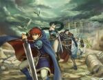  3boys 3girls armor artist_request asymmetrical_bangs axe bare_shoulders belt belt_buckle blue_armor blue_boots blue_cape blue_dress blue_eyes blue_gloves blue_hair blue_tunic boots box_art bracer breastplate breasts brown_boots brown_pants brown_tunic buckle cape castle chinese_clothes circlet cloud cloudy_sky dragon dress durandal_(fire_emblem) earrings eliwood_(fire_emblem) faulds fighting_stance fingerless_gloves fingernails fire_emblem fire_emblem:_the_blazing_blade florina_(fire_emblem) flute gauntlets gloves greaves green_eyes green_hair hair_tie hector_(fire_emblem) high_collar high_ponytail highres holding holding_axe holding_polearm holding_sword holding_weapon hug instrument jewelry knife knife_sheath leg_up lightning long_hair looking_at_viewer lyn_(fire_emblem) medium_breasts multiple_boys multiple_girls multiple_others nils_(fire_emblem) ninian_(fire_emblem) off-shoulder_dress off_shoulder official_art open_mouth outdoors pants pauldrons pegasus pelvic_curtain polearm ponytail qipao red_cape red_eyes red_hair sash scarf sheath shirt shirt_under_dress short_hair short_sleeves shoulder_armor side_slit sky sword teeth third-party_source tunic turtleneck turtleneck_shirt two-sided_cape two-sided_fabric undershirt upper_teeth_only very_long_hair waist_sash weapon white_pants yellow_scarf yellow_trim 