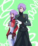  1girl anew_returner aucie bad_id bad_pixiv_id celestial_being_uniform gloves gundam gundam_00 holding_hands innovator jacket purple_hair red_eyes revive_revival uniform 