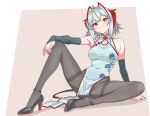  1girl absurdres ahoge alternate_costume arknights armpits bare_shoulders black_shoes blue_dress breasts brown_background brown_pantyhose chinese_clothes closed_mouth commentary_request covered_navel detached_sleeves dress eggplant7217 fingernails floral_print full_body grey_dress grey_hair hand_on_own_leg high_heels highres horns large_breasts legs looking_at_viewer medium_hair multicolored_dress multicolored_shoes nail_polish pantyhose qipao red_dress red_eyes red_horns red_nails red_shoes shoes simple_background sitting sleeveless sleeveless_dress solo spread_legs tail thighband_pantyhose two-tone_background two-tone_shoes w_(arknights) white_background 