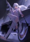  1girl absurdres assault_rifle bare_shoulders blue_nails blunt_bangs breasts bridal_veil closed_mouth dot_nose dress facial_tattoo feet fingernails full_body girls'_frontline girls'_frontline_2:_exilium green_eyes grey_dress grey_hair gun h&amp;k_hk416 hair_ornament highres hk416_(girls'_frontline) holding holding_gun holding_leash holding_weapon klukai_(girls'_frontline_2) klukai_(indigo_oath)_(girls'_frontline_2) large_breasts leash legs long_hair looking_at_viewer motor_vehicle motorcycle nail_polish no_shoes nontraditional_wedding_dress outdoors red_tattoo rifle shadow sidelocks skindentation soles solo stirrup_legwear tattoo teardrop_tattoo thighhighs thighs tiara toeless_legwear toenail_polish toenails toes veil weapon white_dress white_thighhighs x_xith_x 