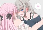  2girls absurdres black_shirt blue_eyes blush bra_strap ear_blush earrings grey_background grey_hair heart highres jewelry kage_ochi long_hair mikogami_kotone mikogami_kotone_(1st_costume) multiple_girls nijisanji off-shoulder_shirt off_shoulder open_mouth pink_hair reina_(1st_costume)_(nijisanji) reina_(nijisanji) shirt simple_background spoken_heart twintails virtual_youtuber white_shirt yuri 
