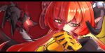  1girl 1other absurdres black_horns blood blood_on_clothes blood_on_face blood_on_hand commentary_request curled_horns dragon_girl dragon_horns gloves green_eyes hair_between_eyes hand_on_own_face highres horns long_hair magus_(zenless_zone_zero) mechanical_horns mechanical_tail niniru56 orange_hair orange_pupils orphie_magnusson pointy_ears portrait red_background simple_background tail twintails yellow_gloves zenless_zone_zero 