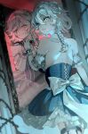  1girl agemono3_ebi back_bow blood blood_on_face blue_eyes bow braid braided_sidelocks commentary_request detached_collar detached_sleeves different_reflection grin highres holding holding_knife izayoi_sakuya knife looking_to_the_side maid maid_headdress mirror puffy_detached_sleeves puffy_sleeves red_eyes reflection shoulder_blades sidelocks smile solo touhou white_bow white_hair 