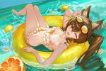  1girl :d alternate_costume angelina_(arknights) animal_ear_fluff animal_ears arknights arknights:_endfield barefoot bikini bow bow_bikini breasts brown_hair collarbone commentary_request daisy_(flower) dot_nose eyewear_on_head flower food fox_ears fox_girl fruit gilberta_(arknights) grapefruit hand_up headgear innertube kangarat0 lemon long_hair looking_at_viewer lying on_back one_eye_closed orange-tinted_eyewear ruffle_bikini smile solo sunglasses swim_ring swimsuit tinted_eyewear water white_bikini white_flower yellow_bow 