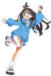  1girl black_hair blue_hoodie blush choker commentary cube_hair_ornament cutefires earclip grey_eyes hair_ornament hood hood_down hoodie jacket leggings lida_(pokemon) long_hair long_sleeves looking_at_viewer mega_ring open_mouth orange_leggings pokemon pokemon_legends:_z-a ribbed_socks shirt shoes simple_background smile socks solo standing standing_on_one_leg staryu topknot two-tone_legwear white_background white_choker white_leggings white_shirt white_shoes white_socks wispy_bangs 