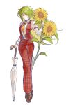  1girl absurdres baiyeyueyejian breasts brown_corset brown_shoes chinese_commentary closed_mouth closed_umbrella collared_shirt commentary_request corset dot_nose flower full_body green_hair hair_over_one_eye highres holding holding_flower holding_umbrella kazami_yuuka kazami_yuuka_(pc-98) long_hair long_sleeves looking_at_viewer necktie one-hour_drawing_challenge open_clothes open_vest pants plaid_clothes plaid_pants plaid_vest red_eyes red_pants red_vest shirt shirt_tucked_in shoes simple_background sleeve_garter small_breasts smile solo split_mouth standing sunflower touhou touhou_(pc-98) umbrella very_long_hair vest white_background white_shirt white_umbrella yellow_flower yellow_necktie 