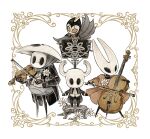  1girl 1other 2boys absurdres alternate_costume arthropod_boy arthropod_girl arthropod_limbs black_skin black_suit border bow bowtie cape cello chair colored_skin conductor conductor_baton creature dress dress_shirt everbloom_(hollow_knight) fioco_virus flower flower_on_chest grey_bow grey_bowtie grey_cape grey_skin grimmchild highres holding holding_instrument holding_violin hollow_eyes hollow_knight horned_mask hornet_(hollow_knight) horns instrument knight_(hollow_knight) long_sleeves looking_at_object looking_at_viewer looking_down looking_to_the_side mask mask_on_head multiple_boys on_chair outside_border outstretched_arms playing_instrument playing_violin quirrel red_bow red_bowtie red_dress red_eyes red_skin shirt short_dress short_sleeves simple_background standing standing_on_chair straight-on striped_mask suit violin white_background white_flower white_mask white_shirt wide_sleeves wings 