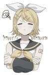  1girl black_sailor_collar black_sleeves blonde_hair bow breasts closed_eyes closed_mouth commentary_request cropped_torso crossed_arms detached_sleeves frustrated hair_bow hair_ornament hairclip kagamine_rin neckerchief number_tattoo parallel_hairclips rainy_3743 sailor_collar shirt short_hair simple_background sleeveless sleeveless_shirt small_breasts squiggle tattoo thinking vocaloid white_background white_bow white_shirt yellow_nails yellow_neckerchief yellow_trim 