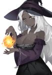  1girl bare_shoulders black_dress black_hat breasts casting_spell cleavage colored_eyelashes commentary_request dark-skinned_female dark_skin dress elden_ring elden_ring_nightreign eyes_visible_through_hair fire fireball hat highres kashio_t_black large_breasts long_hair long_sleeves looking_at_viewer magic purple_sleeves pyrokinesis recluse_(elden_ring) simple_background solo very_dark_skin white_background white_hair witch witch_hat 