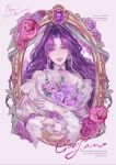  1girl absurdres bouquet curtained_hair earrings garofano_(path_to_nowhere) gem gloves hair_intakes half-closed_eyes highres holding holding_bouquet jewelry light_smile long_hair looking_at_viewer mole mole_under_mouth path_to_nowhere pha_5a picture_frame purple_background purple_gem purple_hair red_eyes simple_background solo upper_body white_gloves 