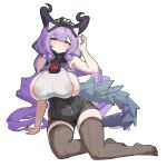  1girl abnaki absurdres alternate_breast_size_(larger) areola_slip arknights arknights:_endfield arm_support arm_up bare_shoulders black_horns black_shorts breasts brown_thighhighs chinese_commentary commentary_request covered_navel full_body grey_tail hair_between_eyes hand_in_own_hair high-waist_shorts highres horns large_areolae large_breasts long_hair looking_at_viewer nipples no_shoes pink_eyes purple_hair see-through_clothes shorts simple_background sitting solo tail thighhighs typhoeus_(arknights) typhon_(arknights) variant_set white_background 