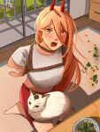  1girl absurdres animal_on_lap arms_behind_back balcony barefoot bdsm blush bondage bound box_tie cabinet cashew cat cat_on_lap cat_on_person chainsaw_man commentary demon_girl demon_horns fangs food_on_floor gin_san31 hair_between_eyes highres horns indoors long_hair looking_at_viewer meowy_(chainsaw_man) mixed-language_commentary multicolored_eyes on_lap open_mouth orange_eyes orange_hair power_(chainsaw_man) red_eyes red_shorts rope salad shibari shirt shorts symbol-shaped_pupils two-tone_eyes white_shirt window 
