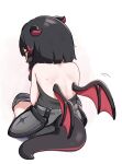 1girl absurdres armor armored_boots armored_dress bare_shoulders black_dress black_hair blush boots chibi chibi_only closed_eyes commentary_request dragon_ears dragon_girl dragon_horns dragon_tail dragon_wings dress embarrassed from_behind fusafusa888 highres horns leets_(trickcal) medium_hair multicolored_hair pointy_ears red_hair shoulder_blades simple_background sitting solo streaked_hair sweatdrop tail trickcal white_background wings 