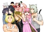  2girls 6+boys absurdres animal_ears black_hair blonde_hair bottle bowl_cut breasts brown_eyes brown_hair buck_teeth cat_boy cat_ears cat_girl cat_tail cellphone commentary denim dress drinking etsushimaru_yakuko fully_genderswapped_group genderswap genderswap_(ftm) genderswap_(mtf) glasses grey_hair hair_over_eyes headphones highres holding holding_bottle holding_money holding_phone jeans large_breasts long_hair money multicolored_hair multiple_boys multiple_girls muscular muscular_male nishi_kaoruko nishi_shunran nyannyan_factory official_art ootani_manko opaque_glasses open_mouth pants phone pink_dress pink_hair purple_hair red_hair roots_(hair) sakai_aruko sake_bottle satou_yaniko shaded_face sharp_teeth smartphone smile streaked_hair tail tank_top tatsuno_saori teeth two-tone_hair untranslatable_commentary v very_long_hair white_tank_top yani_neko yurufuwa_anal_tenshi_hameko 