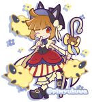  1girl alternate_costume animal animal_ear_headwear black_bow black_bowtie black_hat black_shirt black_shoes blush_stickers bow bowtie brown_hair cape commentary_request detached_sleeves finger_to_mouth flower full_body hat hat_with_ears high_heels holding holding_staff layered_skirt official_style one_eye_closed pimyuhuwa puyopuyo puyopuyo_quest rebecca_(puyopuyo_quest) red_eyes red_skirt sheep shepherd's_crook shirt shoes short_hair shushing simple_background skirt socks solo staff standing standing_on_one_leg striped_clothes striped_skirt twitter_username vertical-striped_clothes vertical-striped_skirt white_background white_sleeves white_socks yellow_bow yellow_cape 