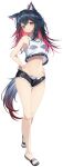  1girl absurdres alternate_costume animal_ear_fluff animal_ears arknights bare_shoulders black_hair black_nails black_sandals black_shorts black_tail blush breasts closed_mouth collarbone colored_inner_hair commentary_request crop_top crop_top_overhang denim denim_shorts double-parted_bangs full_body groin hand_on_own_hip highres light_frown linea_alba long_hair looking_at_viewer micro_shorts multicolored_hair nail_polish navel open_fly orange_eyes partial_commentary red_hair red_tail sandals shirt sho_me_1853 short_shorts shorts simple_background sleeveless sleeveless_shirt slippers solo standing stomach tail tank_top texas_(arknights) toenail_polish toenails toes torn_clothes torn_shorts white_background white_shirt white_tank_top wolf_ears wolf_girl wolf_tail 