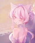  1girl akira_(blue_archive) animal_ear_fluff animal_ears backless_dress backless_outfit bare_back bare_shoulders blue_archive blush cat_ears cat_girl commentary_request detached_sleeves dress flower from_behind grin hair_flower hair_intakes hair_ornament halo highres kamihito_akira looking_at_viewer partial_commentary pink_eyes pink_hair pink_halo smile solo wedding_dress white_dress white_flower 