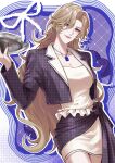  1girl absurdres alternate_costume althoffvonitsumi blonde_hair commentary cowboy_shot cropped_jacket gem hair_over_one_eye hand_up highres holding holding_tray jewelry looking_at_viewer mole mole_above_mouth necklace path_to_nowhere purple_eyes purple_gem skirt smile standing tray vautour_bleu_(path_to_nowhere) white_background 