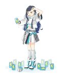  1girl :d arm_up asymmetrical_bangs asymmetrical_sleeves black_hair blue_hair bonus_energy_drink_(project_sekai) boots brown_eyes can commentary_request crop_top cropped_jacket full_body grey_jacket grey_socks hair_ornament hairclip high_heel_boots high_heels highres holding holding_can itsuka_senaka_awase_no_lyric_wo_(project_sekai) jacket kneehighs lightning_bolt_print long_hair long_sleeves midriff momomo_(m0_3) navel official_alternate_costume open_clothes open_jacket open_mouth project_sekai puffy_long_sleeves puffy_sleeves shiraishi_an shirt short_sleeves simple_background skirt smile socks solo standing star_(symbol) very_long_hair white_background white_boots white_shirt white_skirt 