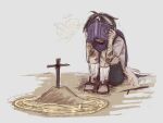  1boy aged_down ahoge angel angel_wings bandaid bandaid_on_arm bandaid_on_knee bandaid_on_leg black_hair blindsong37 book brown_shoes bruise bruise_on_arm bruise_on_knee bruise_on_leg crying danganronpa_(series) danganronpa_2:_goodbye_despair dirt dog grave grey_background halo highres holding holding_book injury multicolored_hair pentagram purple_scarf rabbit scar scarf shoes sketch socks stick streaked_hair tanaka_gundham two-tone_hair white_socks white_streaks wings 