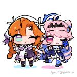  2girls absurdres aqua_eyes closed_mouth colored_extremities colored_inner_hair commentary_request denia_(breakdown)_(wuthering_waves) denia_(wuthering_waves) dress hair_ornament highres holding_hands jacket korean_commentary long_hair multicolored_eyes multicolored_hair multiple_girls one_eye_closed orange_hair pink_hair purple_dress purple_eyes purple_hair purple_jacket purple_shorts shorts sigrika_(wuthering_waves) smile twitter_username two-tone_eyes veil w white_jacket white_veil wuthering_waves yami_(yami56_u) 