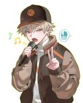  2boys alternate_costume arm_up bakugou_katsuki baseball_cap black_hat blonde_hair boku_no_hero_academia brown_jacket commentary_request fang hair_between_eyes hat highres holding holding_microphone jacket lidi6 long_sleeves male_focus microphone multicolored_hair multicolored_jacket multiple_boys musical_note open_mouth shirt short_hair simple_background singing solo_focus speech_bubble spiked_hair split-color_hair spoken_character todoroki_shoto two-tone_jacket upper_body v very_short_hair white_background white_shirt 