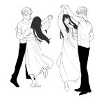  1boy 1girl ^_^ closed_eyes closed_mouth commentary_request dancing dress full_body greyscale happy highres long_dress long_sleeves monochrome multiple_views nightgown pants shirt shoes short_hair simple_background slippers smile spy_x_family t-shirt tarutaruso3 twilight_(spy_x_family) white_background yor_briar 