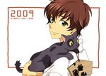  2009 bad_id bad_pixiv_id brown_hair cat code_geass green_eyes kururugi_suzaku male_focus new_year solo utako 