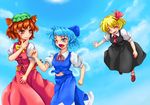  ^_^ animal_ears blue_eyes blue_hair brown_hair cat_ears cat_tail chen cirno closed_eyes earrings fang flying hat jewelry kinokobakudan multiple_girls navel one_eye_closed ribbon rumia tail team_9 touhou wings 