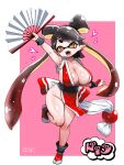  1girl :d arm_guards arm_up armpits black_hair black_sash bow-shaped_hair breasts brown_eyes callie_(splatoon) cleavage collarbone commentary_request cosplay cross-shaped_pupils earrings fangs fatal_fury folding_fan full_cleavage gradient_hair hand_fan heart highres holding holding_fan inkling japanese_clothes jewelry kimono large_breasts leg_up long_hair looking_at_viewer mole mole_under_eye multicolored_hair ninja no_bra obi open_mouth pelvic_curtain plunging_neckline pointy_ears red_hair red_kimono revealing_clothes rope sash shimenawa shiny_skin shiranui_mai shiranui_mai_(cosplay) short_eyebrows sideboob signature sleeveless sleeveless_kimono smile solo splatoon_(series) standing standing_on_one_leg symbol-shaped_pupils t2ukmyjm tabi tentacle_hair the_king_of_fighters thick_eyebrows thighs very_long_hair yellow_pupils 