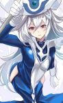  1girl absurdres blue_dress breasts clothing_cutout colored_eyelashes commentary_request dress duel_monster gloves hat highres hip_vent holding holding_staff kurogomatcha large_breasts long_hair looking_at_viewer open_mouth red_eyes robe silent_magician solo staff white_gloves white_hair white_hat white_robe witch_hat yu-gi-oh! 