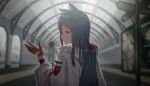  1girl absurdres animal_ear_fluff animal_ears arknights black_hair bloom blurry blurry_background chinese_commentary closed_mouth commentary_request day from_behind fur-trimmed_hood fur-trimmed_sleeves fur_trim gloves hand_up highres hood hood_down hooded_jacket jacket long_hair long_sleeves looking_at_viewer mixed-language_commentary official_alternate_costume orange_eyes photoshop_(medium) profile red_gloves sing_shuixing solo texas_(arknights) texas_(winter_messenger)_(arknights) train_station turning_head upper_body white_jacket wolf_ears wolf_girl 