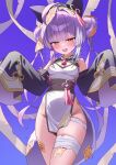  1girl absurdres ahoge animal_ears bandage_on_thigh bare_shoulders black_hat black_sash black_sleeves blue_background blue_eyes breasts chinese_clothes cleavage_cutout clothing_cutout commentary cowboy_shot detached_sleeves double_bun dress fang fox_ears fox_tail gradient_background hair_bun hat heterochromia highres jiangshi_costume long_hair long_sleeves low_quad_tails muru_(muru_zi) no_panties ofuda ofuda_on_head ofuda_on_leg ofuda_on_tail open_mouth pelvic_curtain purple_background purple_hair qingdai_guanmao qipao quad_tails sash simple_background sleeves_past_fingers sleeves_past_wrists small_breasts solo stellive sweat tail tenko_shibuki thighs untranslatable_commentary very_long_hair virtual_youtuber white_dress wide_sleeves yellow_eyes 
