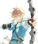  1boy acnh_nobu arrow_(projectile) black_gloves blonde_hair blue_eyes blue_tunic bow_(weapon) champion's_tunic_(zelda) clenched_teeth commentary_request cowboy_shot drawing_bow ear_piercing fingerless_gloves gloves highres holding holding_bow_(weapon) holding_weapon link looking_at_viewer male_focus piercing pointy_ears quiver short_hair simple_background solo teeth the_legend_of_zelda the_legend_of_zelda:_breath_of_the_wild tunic weapon white_background 