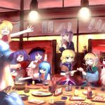  food hakurei_reimu hinanawi_tenshi ibuki_suika konpaku_youmu mizuhashi_parsee multiple_girls nagae_iku outstretched_arms reisen_udongein_inaba restaurant saigyouji_yuyuko spread_arms touhou tsubasa_(abchipika) yasaka_kanako 