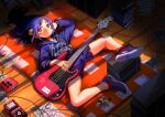  1girl :< ahoge amplifier bass_guitar book book_stack bright_pupils clip_studio_paint_(medium) closed_mouth commentary dragon_girl dragon_horns effects_pedal english_commentary eudetenis facial_mark fender_precision_bass from_above highres hood hood_down hoodie horns indoors instrument kolsch_(eudetenis) long_hair long_sleeves looking_at_viewer lying mixed-language_commentary on_back original parted_bangs plectrum purple_hair purple_hoodie purple_shoes purple_shorts red_eyes red_socks shirt shoes short_shorts shorts socks solo spread_legs white_pupils white_shirt window_light wooden_floor 