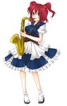  bangs banned_artist beads blush frills full_body hair_beads hair_ornament instrument onozuka_komachi puffy_short_sleeves puffy_sleeves red_eyes red_hair saxophone short_sleeves simple_background smile solo standing tabi tepengu touhou two_side_up white_background 