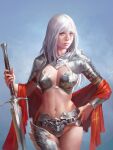  1girl armor belt bikini_armor blue_background breasts brown_belt chest_guard closed_mouth cowboy_shot cross cross_print cuisses dongho_kang eyelashes fantasy groin hand_on_own_hip holding holding_sword holding_weapon lips long_hair long_sword looking_at_viewer medium_breasts navel nose original pauldrons purple_eyes red_scarf revealing_clothes scarf shoulder_armor simple_background single_vambrace solo stomach sword thighs third-party_source vambraces weapon white_hair 