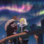 2boys aurora black_coat blonde_hair blue_eyes blurry blurry_background breath brown_mittens closed_mouth coat colored_skin crossed_arms fur-trimmed_coat fur-trimmed_headwear fur_trim ganondorf green_coat grey_skin link long_sleeves male_focus mittens multiple_boys night open_mouth orange_hair outdoors rani_grb signature the_legend_of_zelda the_legend_of_zelda:_ocarina_of_time 