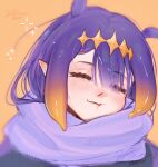  1girl absurdres blunt_bangs blush closed_eyes closed_mouth comfy commentary diamond_hairband english_commentary facing_viewer gradient_hair highres hololive hololive_english long_hair multicolored_hair ninomae_ina'nis orange_hair pointy_ears portrait purple_hair purple_scarf scarf sidelocks simple_background sleeping smile solo tentacle_hair twitter_username virtual_youtuber waru4007 yellow_background 