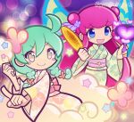  2girls alternate_costume aqua_hair blue_eyes blue_kimono blurry blurry_background blush_stickers braid brown_eyes closed_mouth cloud commentary_request corn cotton_candy double_bun elisa_(puyopuyo) floral_print floral_print_kimono flower food green_wings grilled_corn hair_bun hair_flower hair_ornament hand_up heart heart_wand holding holding_cotton_candy holding_food holding_wand index_finger_raised japanese_clothes kimono looking_at_viewer medium_hair multiple_girls official_style open_mouth pimyuhuwa pink_flower pink_hair pink_kimono pink_sash print_kimono purple_flower puyopuyo puyopuyo_quest sash smile standing star_(symbol) twin_braids twitter_username v-shaped_eyebrows viola_(puyopuyo) wand wide_sleeves wings yukata 